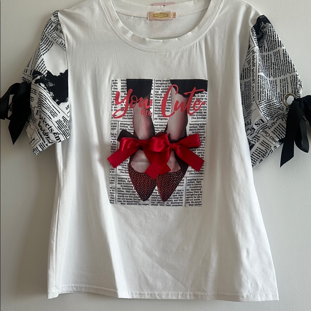 White and Black Short Sleeve Tee with Graphic and Patterned Sleeves